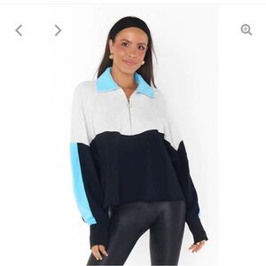 Mumu Cameron pullover half zip sweatshirt. Baby blue, black, gray. NWT.